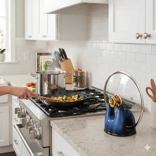Vista 7 de Nihow Soporte para tapa de olla: soporte estable para tapa de sartén de cerámica para decoración de encimera de cocina, encimera, estufa, resistente