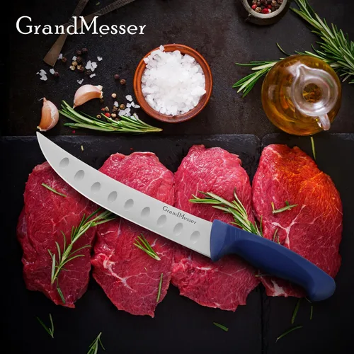 Vista 7 de Cuchillo de carnicero para cortar carne, cuchillo curvo con mango cómodo de 9 pulgadas, hoja de acero inoxidable alemán de alto carbono, cuchillo