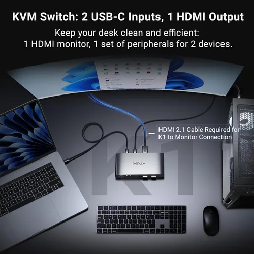 Vista 2 de MINIX KVM KVM USB C K1 1 Monitores 2 Computadoras, 4K @120Hz HDR, 100W PD 3.0, Conmutadores KVM de entrada dual USB-C, teclado y mouse compartidos