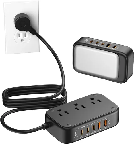Vista 13 de Regleta de alimentación 7 en 1, regleta de alimentación PD USB C de 85W con 3 USB-C, 2 puertos USB-A y toma de corriente AC de 2500W, enchufe plano