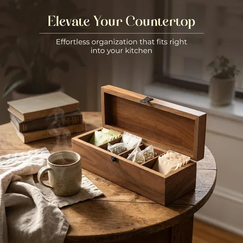 Vista 5 de Organizador de té de madera de acacia hecho a mano, caja de té de 4 compartimentos con grabado (floral clásico, 4 compartimentos)