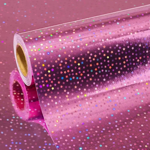 Vista 17 de Homeral Rollo de papel de regalo rosa holográfico con galaxia rosa brillante para cumpleaños, baby shower, despedida de soltera, boda, día