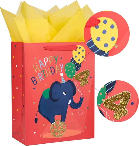 Vista 6 de Loveinside Bolsa de regalo de elefante de 4º cumpleaños con papel de seda, etiqueta de regalo y tarjeta de felicitación para niños, fiestas y más