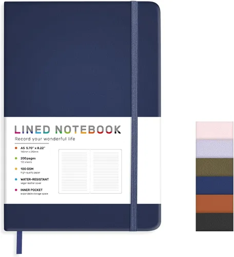 Vista 10 de Cuaderno diario rayado para mujeres y hombres, 200 páginas A5 diarios de tapa dura de cuero para escribir, viajes, escuela, oficina, trabajo, Negro