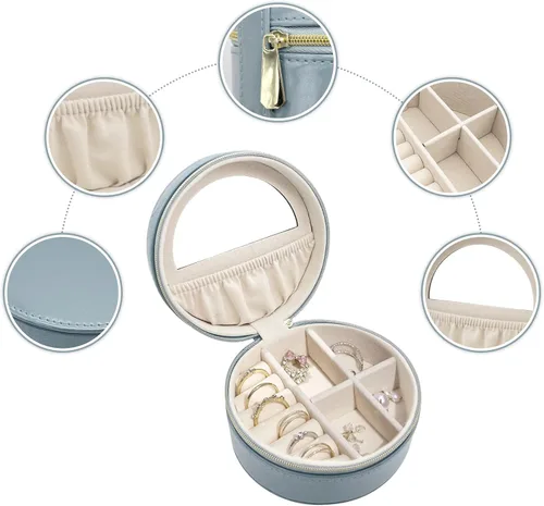 Vista 2 de KIQIONE Mini joyería organizador de almacenamiento de joyas de piel sintética con espejo con cremallera interior caja de joyería redonda pequeña