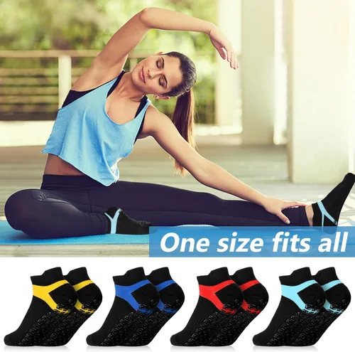 Vista 4 de Jspupifip 4 pares de calcetines antideslizantes de agarre de pilates, calcetines de yoga antideslizantes, calcetines de fútbol de algodón con cojín
