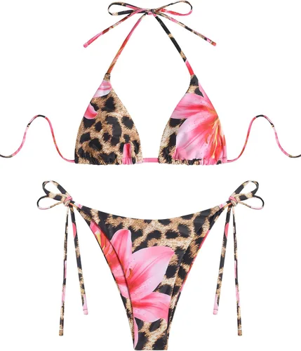 Vista 33 de ZAFUL Bikinis triangulares estampados para mujer, 2 piezas, bikini halter, traje de baño de corte alto, traje de baño con lazo lateral 0-negro a