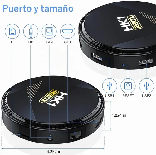 Vista 8 de HK1 Android TV Box 2026, Android 12.0 TV Box con 8K Decodificación 4GB RAM 32GB ROM Allwinner H618 Quad-Core, 2.4GHz/5.0GHz WiFi6 Bluetooth 4.0+
