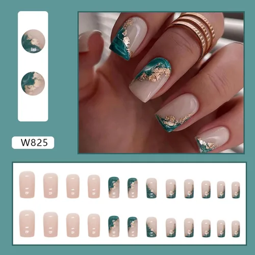 Vista 2 de Uñas postizas a presión de color nude, uñas postizas medianas con punta francesa verde con diseños de lámina dorada, uñas adhesivas de cobertura
