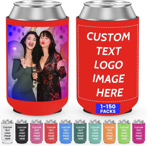Vista 24 de Valyria Fundas enfriadoras de latas personalizadas, 1 unidad, plegable, aislante, soporte para bebidas con logotipo, imagen, texto para aniversario
