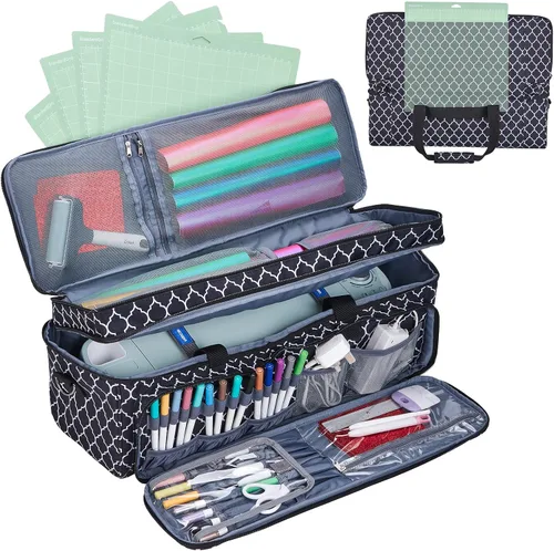 Vista 8 de Estuche de transporte de doble capa con bolsillo para tapete para Cricut Maker 4, Explore 4, múltiples compartimentos frontales grandes