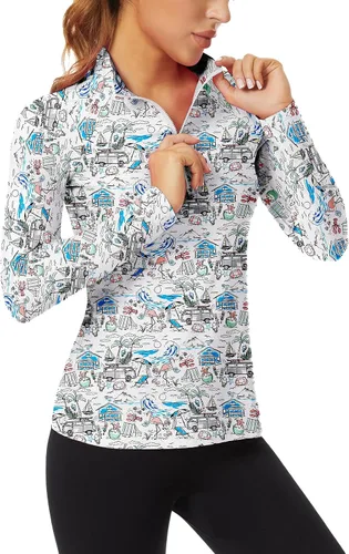Vista 34 de WOWENY - Camiseta de manga larga con cremallera de 1/4 para mujer, con cuello, para hacer deporte, con estampado, para tenis Hoja multicolor.