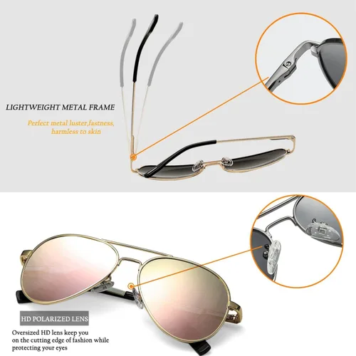 Vista 5 de HJSTES Lentes de sol polarizados estilo aviador para mujeres y hombres, lentes de espejo de metal clásicos, 100% bloqueo UV, 2.283 in
