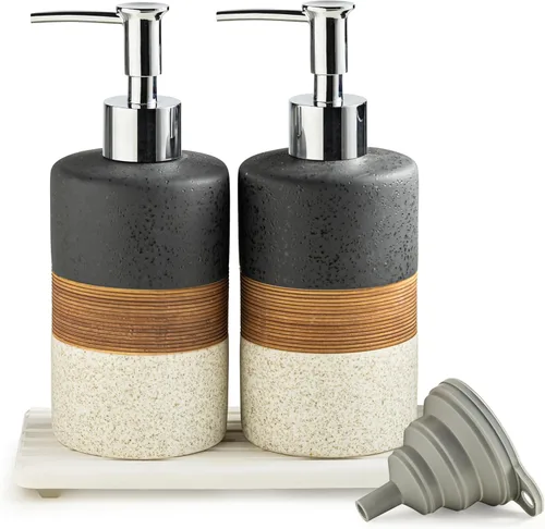 Vista 13 de Juego de dispensador de jabón de cerámica con embudo de silicona, jabón de manos, champú, gel de baño, dispensador de loción para cocina y baño