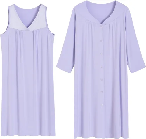 Vista 4 de Latuza Conjunto de camisón y bata de viscosa para mujer con botones delanteros