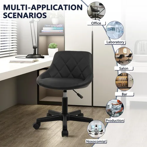 Vista 4 de KLASIKA Taburete con ruedas de respaldo bajo negro, taburetes de tocador de cuero PU, altura ajustable ergonómica giratoria giratoria silla