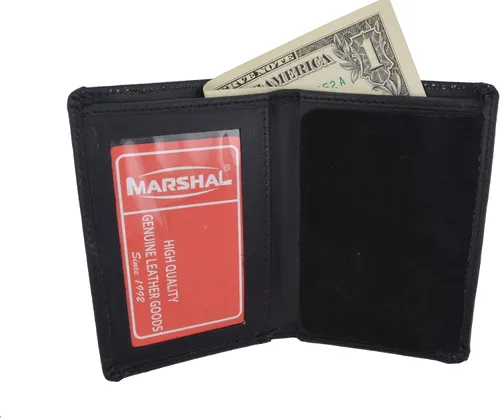 Vista 2 de Marshal Cartera de cuero genuino RFID delgada y delgada para identificación con tarjetero ovalado para tarjetas de identificación, Negro