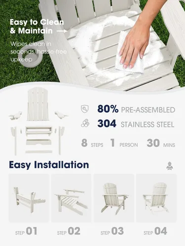 Vista 7 de KINGYES Silla Adirondack plegable ajustable con otomana y 2 portavasos, silla reclinable Adirondack de polietileno de alta densidad con reposapiés