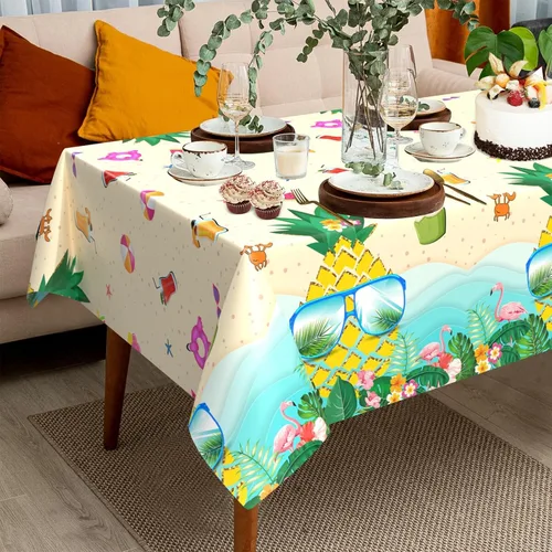 Vista 4 de Mantel hawaiano de Luau hawaiano, 1 mantel desechable de piña hawaiana, mantel rectangular tropical de plástico, decoración de fiesta Tiki