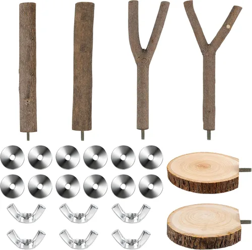 Vista 3 de Juego de 6 perchas para pájaros, perchas rectas y bifurcadas de madera de abedul natural con plataformas para periquitos, cacatúas, conures