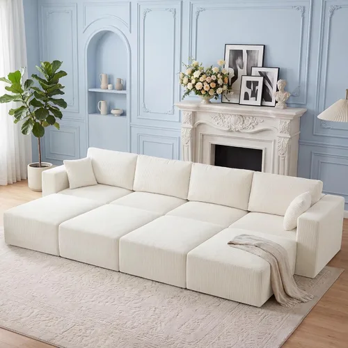 Vista 36 de WUTUTUEE Sofá modular en forma de U de 115 pulgadas, sofá modular modular de 3 plazas con 2 otomanas móviles, sofá cama convertible de pana con Beige