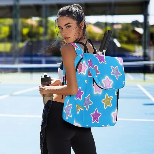 Vista 7 de Mochila de tenis para mujeres y hombres, transpirable, con purpurina falsa, con diseño de estrella de dibujos animados, bolsa de tenis azul