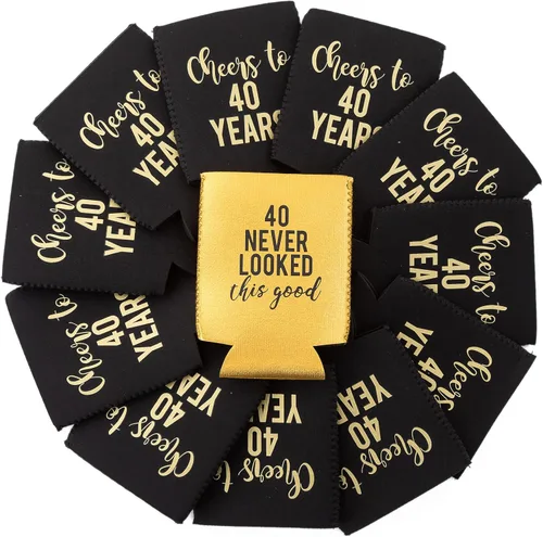 Vista 8 de Saludos a los 40 años – Juego de 12 enfriadores de latas dorados con el texto "40 Never Looked So Good", color negro y dorado para fiestas