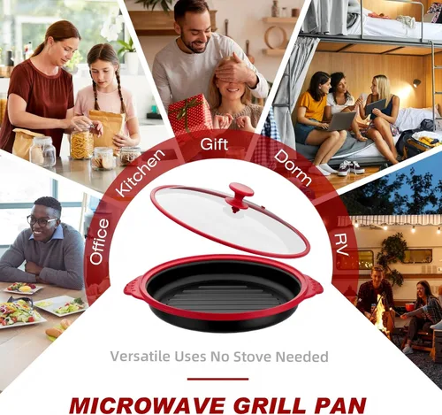 Vista 5 de Sartén parrilla para microondas con tapa de vidrio, parrillera y sartén crujiente para microondas para asar, freír, dorar y hacer crujiente