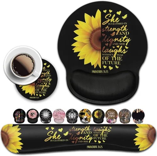 Vista 9 de Alfombrilla de mouse con soporte para muñeca, almohadilla ergonómica de gel para bebé, elefantes con girasol, juegos de escritura fáciles