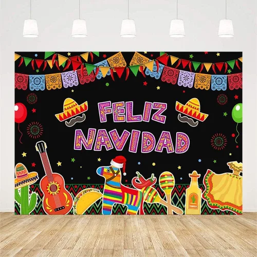 Vista 2 de AIBIIN 7 x 5 pies Feliz Navidad Bckdrop Fiesta Navidad Mexicano Bandera de Color Globo Fondo de Navidad Festivales Suministros de Fiesta Pancarta