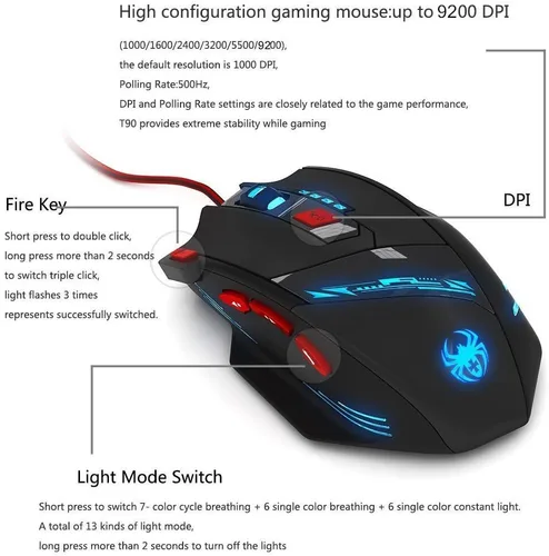 Vista 3 de Zelotes T90 Professional 9200 DPI - Ratón para juegos con cable USB de alta precisión, 8 botones, con 7 tipos de modos de luz LED de respiración