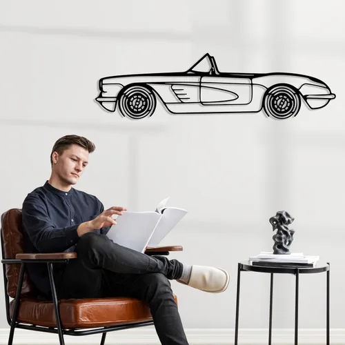 Vista 4 de DecoSoul Corvette C1 1960 - Arte de pared de metal para automóvil, automóvil deportivo, decoración de línea de silueta automotriz, escultura