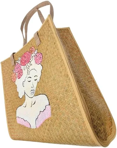 Vista 8 de Women's Handknitting Sea Grass Tote BagGirl Flower head Summer Tote BagHand Painted Acrylic color on seagrass Handcrafted Bag