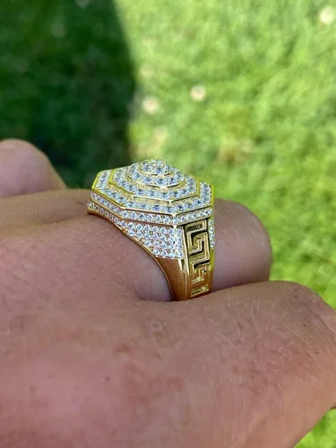 Vista 5 de Men's Real Solid 925 Sterling Silver Octagonal Hip Hop Ring - 14k Gold Plated - Super Iced Large Flooded Out Pinky Ring - Sz 7-13