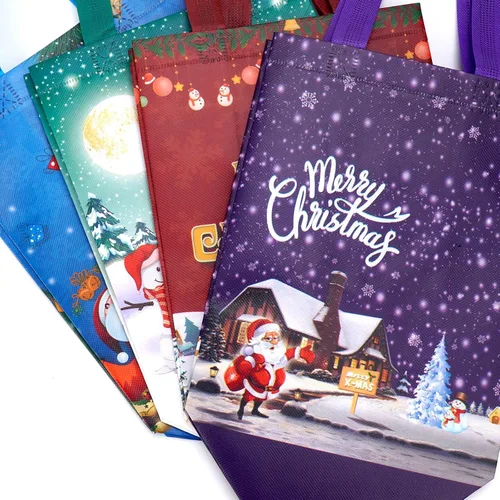 Vista 2 de Fayayuan Paquete de 16 bolsas de regalo de Navidad de tamaño mediano, bolsas reutilizables no tejidas con asas, perfectas para envoltura
