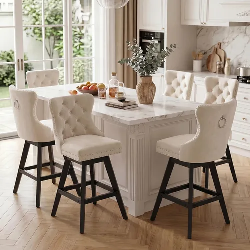 Vista 328 de SoarFlash Juego de 2 taburetes de bar tapizados de terciopelo moderno con patas de madera, botones acolchados, cabeza de clavo cromada, asiento