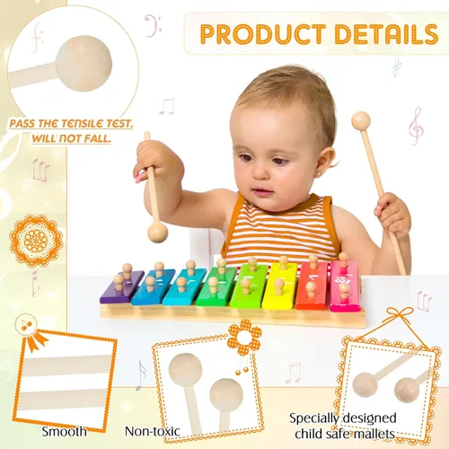 Vista 2 de Boao 20 palitos de madera para niños, xilófono Glockenspiel de 8.2 pulgadas, campanas de percusión, martillos de marimba, pequeños baquetas