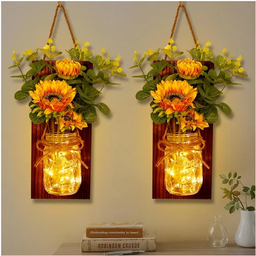 Vista 5 de OurWarm Juego de dos apliques de pared de girasol, apliques de tarro de masón, decoración de pared de granja viene con control remoto y luces LED