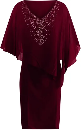 Vista 4 de Vestido de capa para mujer, talla grande, con cuello en V y diamantes de imitación, superposición de gasa, vestido de tubo bodycon para boda, cóctel