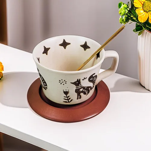 Vista 6 de Taza de café de cerámica vintage Taza de té de café de cerámica gruesa con platillo y cuchara de madera, taza de té y platillo de 12 onzas
