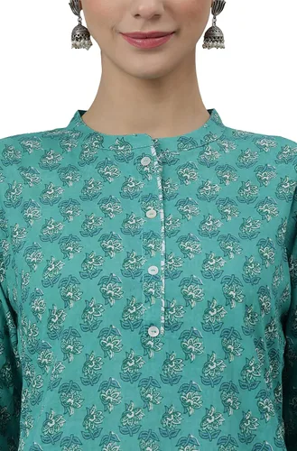 Vista 6 de Janasya Kurta de algodón verde indio con pantalón y dupatta para mujer