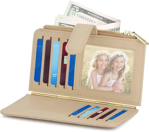 Vista 2 de PERFECB - Cartera para mujer, con bloqueo RFID, delgada, plegable, para tarjetas de crédito, simple con cremallera, Caqui, Tarjetero Wellet
