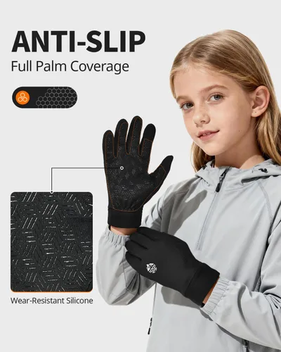 Vista 4 de RIGWARL Guantes de invierno para niños y niñas, guantes térmicos negros con pantalla táctil, guantes térmicos para niños, guantes deportivos cálidos