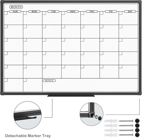 Vista 2 de JILoffice Calendario de Pizarra Blanca de Borrado en Seco - Calendario de Pizarra Blanca Magnética Mensual 36 X 24 Pulgadas, Marco de Aluminio Negro