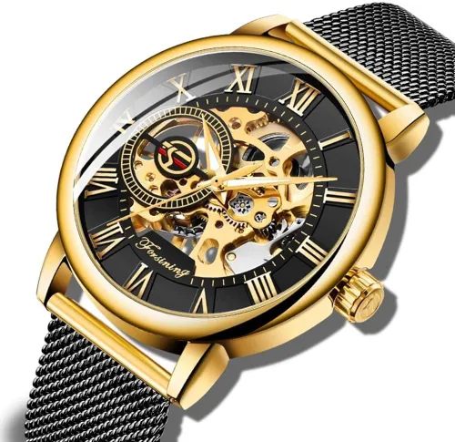 Vista 2 de Reloj de Esqueleto para Hombre Clásico con Números Romanos Steampunk Reloj Mecánico de Cuerda Manual Relojes para Hombre (Azul)