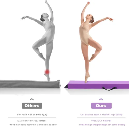 Vista 3 de FBSPORT Viga de Equilibrio de 8/10 Pies: Equipo de Gimnasia de Piso Plegable de Cuero PU para Niños y Adultos, Base de Goma Antideslizante, Viga