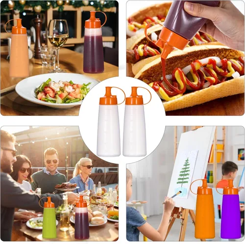 Vista 7 de Botellas exprimibles de condimentos de boca ancha, paquete de 2 botellas exprimibles con tapas de tapa y embudo para salsa de tomate, salsas