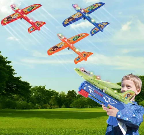 Vista 10 de Paquete de 3 lanzadores de aviones de juguete para niños, planeador de espuma ligera LED con lanzador de avión para jugar al aire libre, juguete