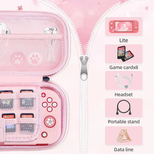 Vista 2 de BRHE Kit de accesorios para estuche de transporte de viaje rosa para Switch Lite, funda protectora dura con soporte, protector de pantalla
