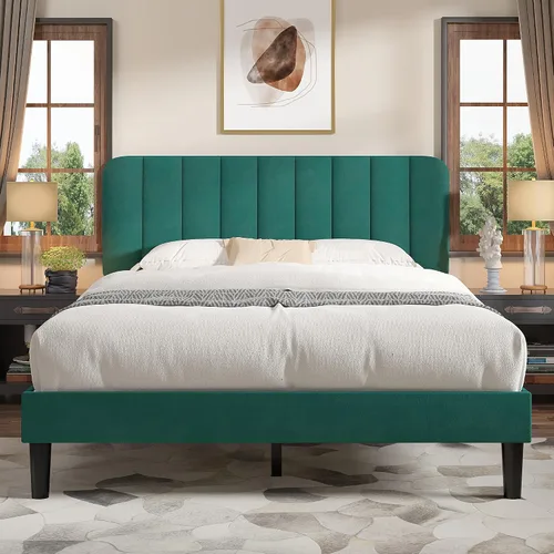Vista 25 de VECELO Base de cama tapizada de tamaño matrimonial con 4 cajones y cabecero, plataforma de terciopelo, soporte de listones de madera, no necesita